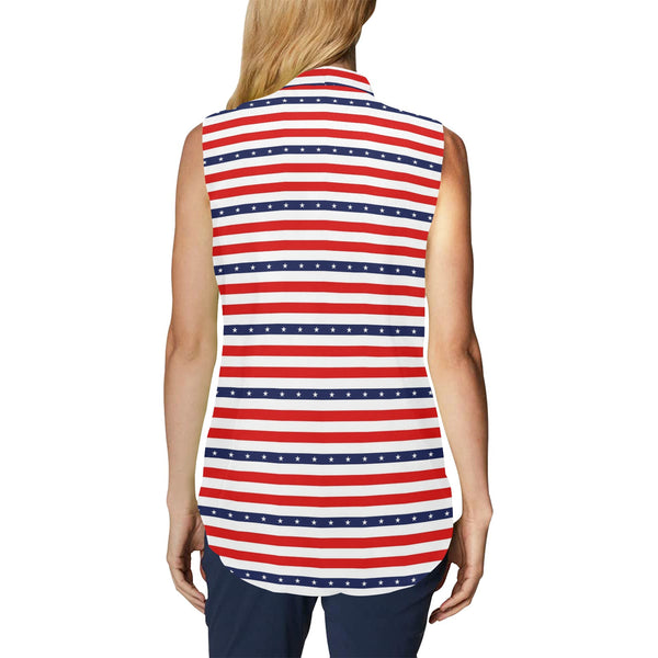 americana stars and stripes striped print 2 Women's Bow Tie V-Neck Sleeveless Shirt (Model T69) - Objet D'Art