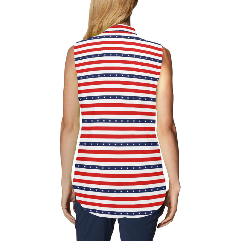 americana stars and stripes striped print 2 Women's Bow Tie V-Neck Sleeveless Shirt (Model T69) - Objet D'Art