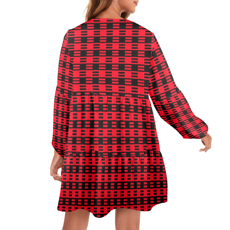 red black dashes print 2 V-Neck Loose Fit Dress (Model D66) - Objet D'Art