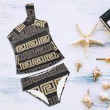 brown beige greek key print 10A Women's One Shoulder Backless Swimsuit (Model S44) - Objet D'Art
