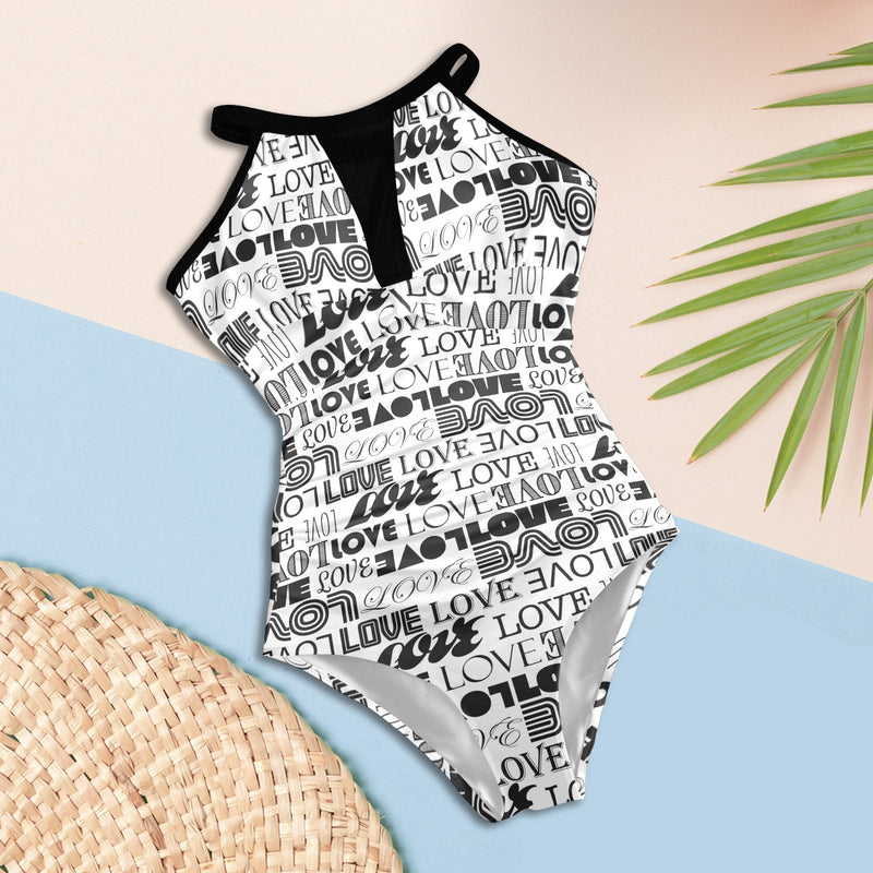 love print bw 2 Women's High Neck Plunge Mesh Ruched Swimsuit (S43) - Objet D'Art