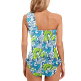 pisces neon green blue ombre print Women's One Shoulder Backless Swimsuit (Model S44) - Objet D'Art