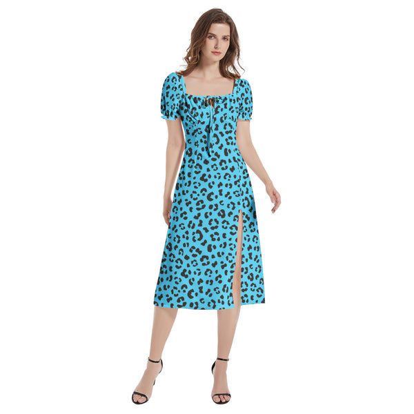 Leopard Print Puff Sleeve Split Thigh Midi Dress - Objet D'Art