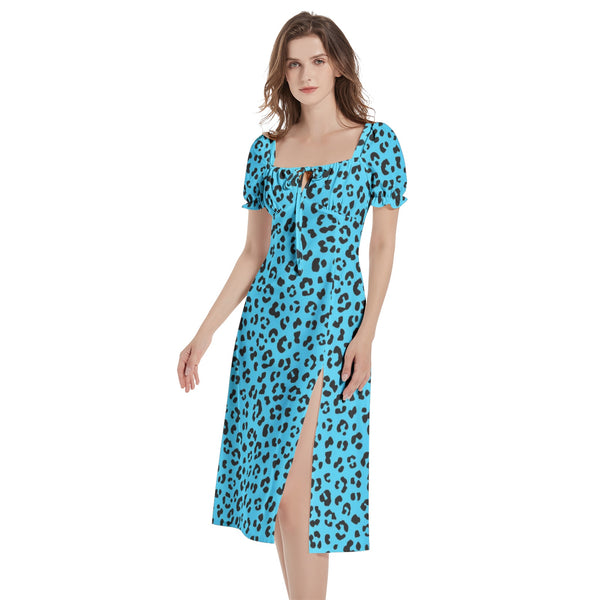 Leopard Print Puff Sleeve Split Thigh Midi Dress - Objet D'Art
