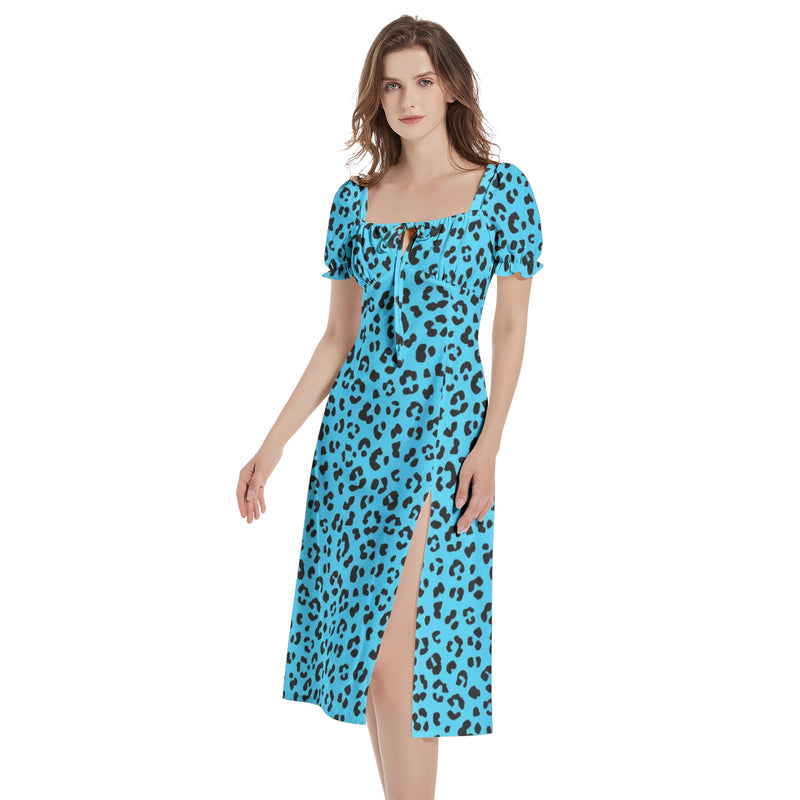 Leopard Print Puff Sleeve Split Thigh Midi Dress - Objet D'Art