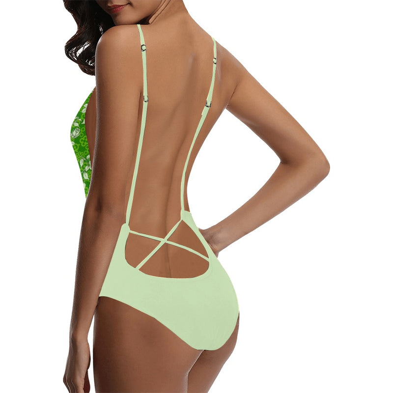 avocado spread solid print Sexy Lacing Backless One-Piece Swimsuit (Model S10) - Objet D'Art