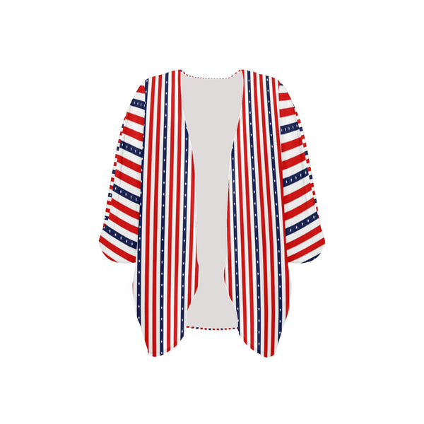 stars and stripes stripe print Women's Kimono Chiffon Cover Up (Model H51) - Objet D'Art