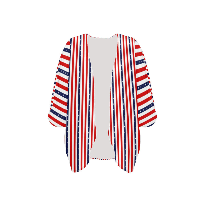 stars and stripes stripe print Women's Kimono Chiffon Cover Up (Model H51) - Objet D'Art