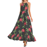 Red Roses Ruffle Hem Halter Neck Maxi Dress - Objet D'Art