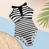 bw bold striped print 2 Women's High Neck Plunge Mesh Ruched Swimsuit (S43) - Objet D'Art