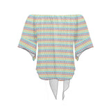 greek key light colors print 2 Off Shoulder Knot Front Blouse (Model T71) - Objet D'Art