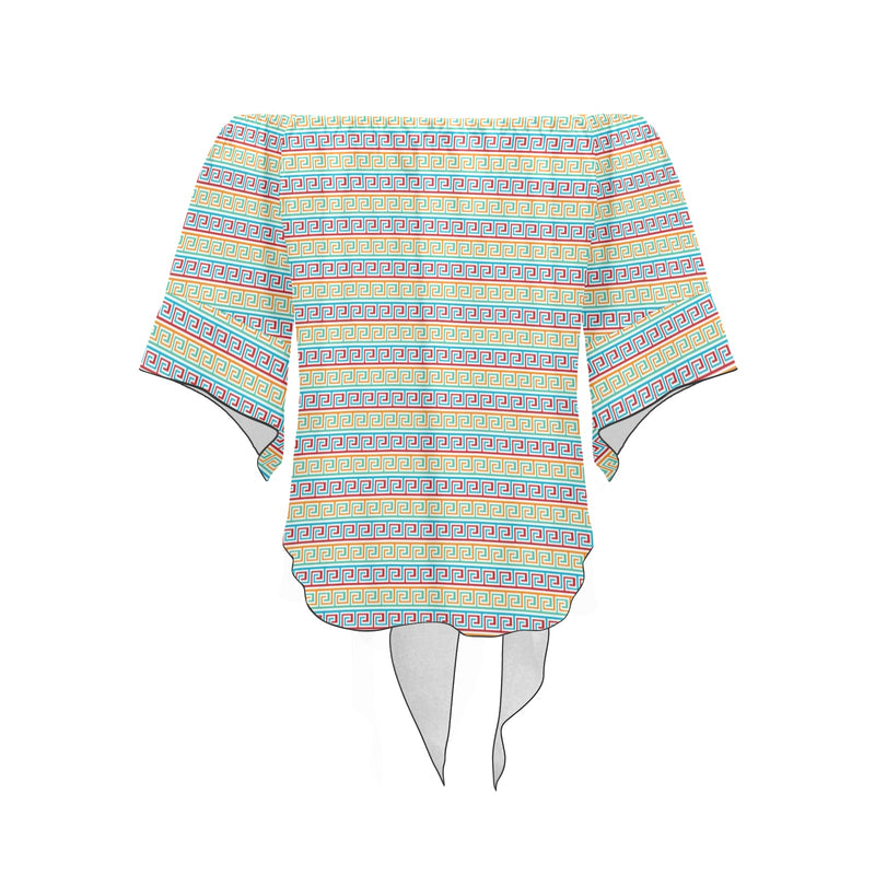 greek key light colors print 2 Off Shoulder Knot Front Blouse (Model T71) - Objet D'Art