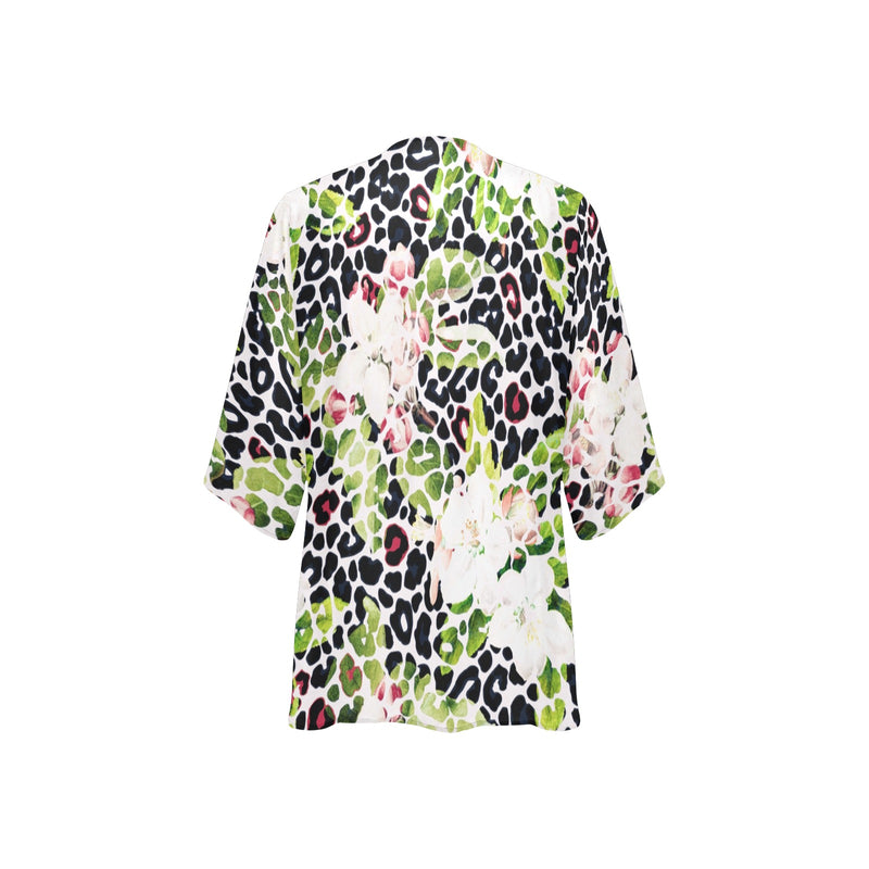 apple blossom leopard print Women's Kimono Chiffon Cover Up (Model H51) - Objet D'Art