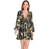 Butterfly Print Lantern Sleeve Deep V-Neck Short Dress - Objet D'Art