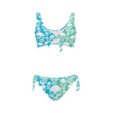 minty blue skull nation print Bow Tie Front Bikini Swimsuit (Model S38) - Objet D'Art