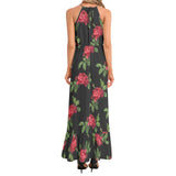 Red Roses Ruffle Hem Halter Neck Maxi Dress - Objet D'Art