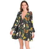 Butterfly Print Lantern Sleeve Deep V-Neck Short Dress - Objet D'Art