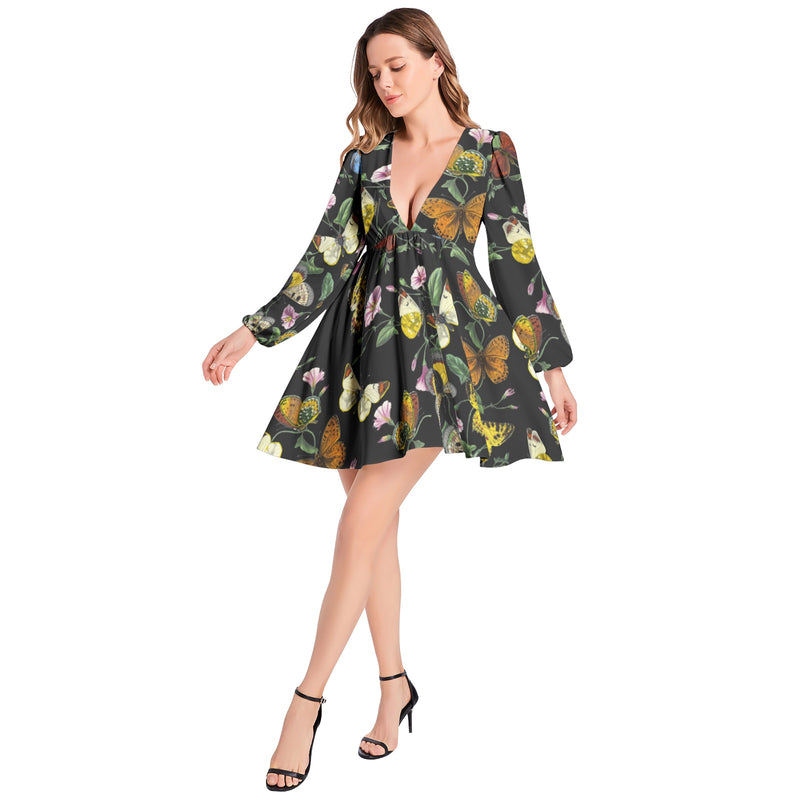 Butterfly Print Lantern Sleeve Deep V-Neck Short Dress - Objet D'Art