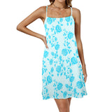 light blue greek key and medium blue roses print 2 Drawstring Neck Sleeveless Dress (Model D68) - Objet D'Art