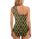 squ tri print Women's One Shoulder Backless Swimsuit (Model S44) - Objet D'Art