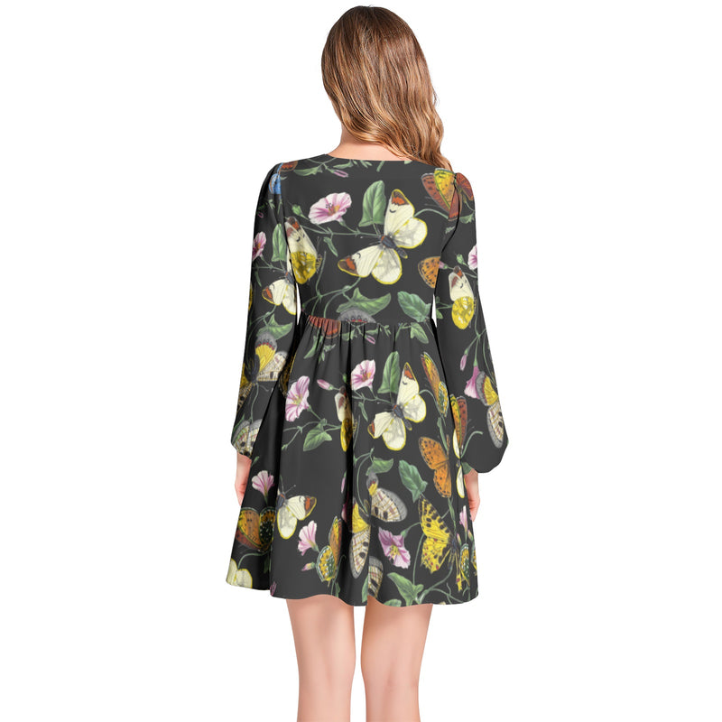 Butterfly Print Lantern Sleeve Deep V-Neck Short Dress - Objet D'Art