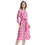 Pink Checkered Boat Neck Belted Flared Dress - Objet D'Art