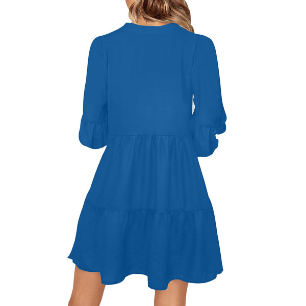 blue solid print 3 V-Neck Loose Fit Dress (Model D62) - Objet D'Art
