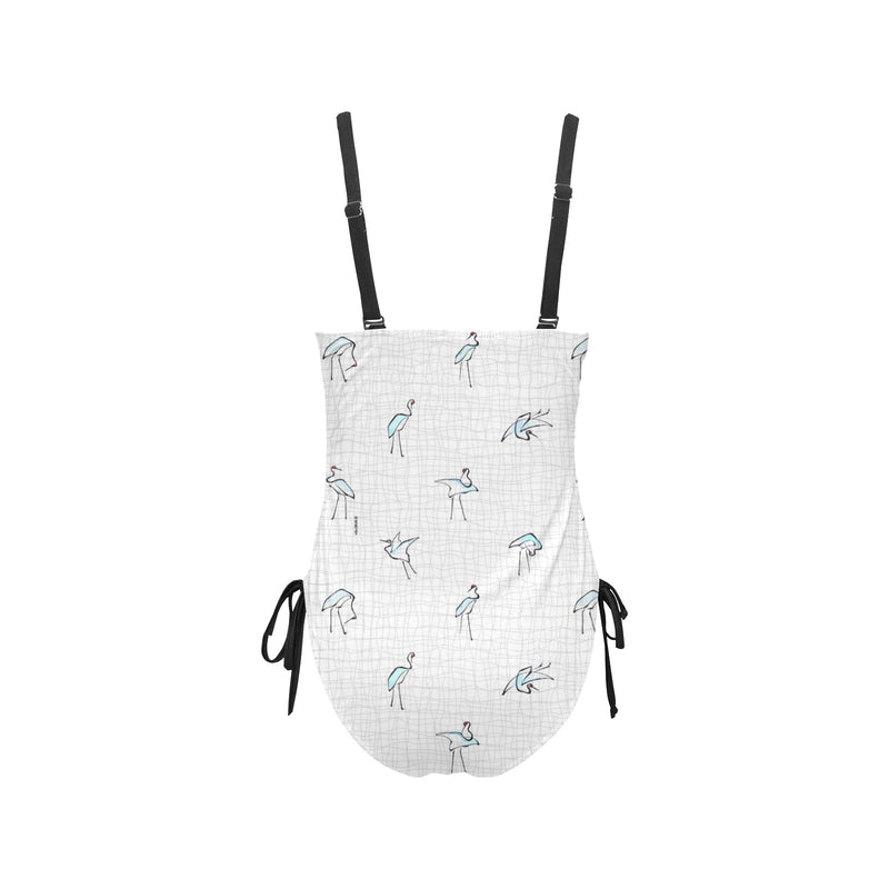 crane 4 wavy grid hokusai print Drawstring Side One-Piece Swimsuit (Model S14) - Objet D'Art