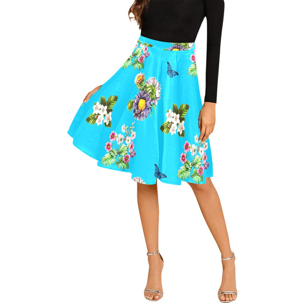 light blue floral print 3 Melete Pleated Midi Skirt (Model D15) - Objet D'Art