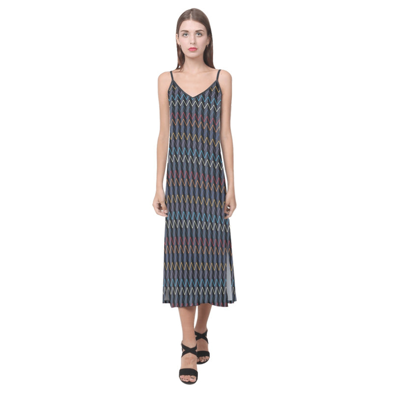 color waves print 3 V-Neck Open Fork Long Dress(Model D18) - Objet D'Art