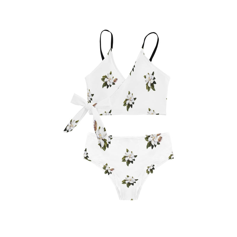 magnolia print on white Knot Side Bikini Swimsuit (Model S37) - Objet D'Art