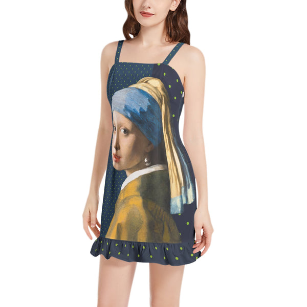 Girl With the Pearl Earrings Sleeveless Square Neck Ruffle Hem Mini Dress - Objet D'Art