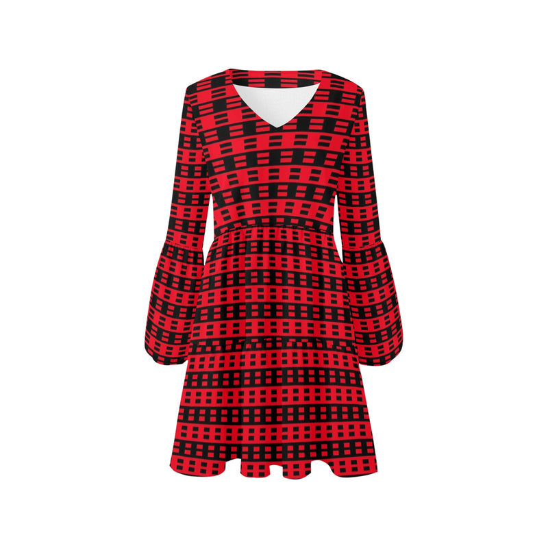 red black dashes print 2 V-Neck Loose Fit Dress (Model D62) - Objet D'Art