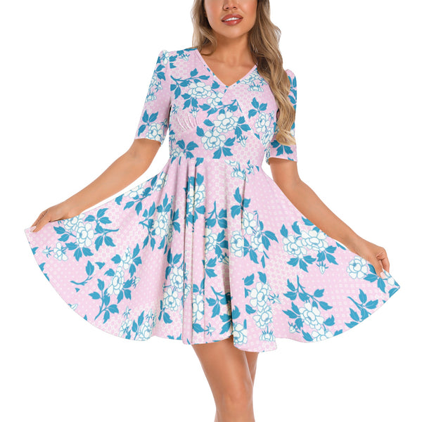Pink Peony Short Sleeve Ruched Bust Flared Hem Dress - Objet D'Art