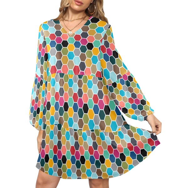 colorful hex swimwear print V-Neck Loose Fit Dress (Model D66) - Objet D'Art