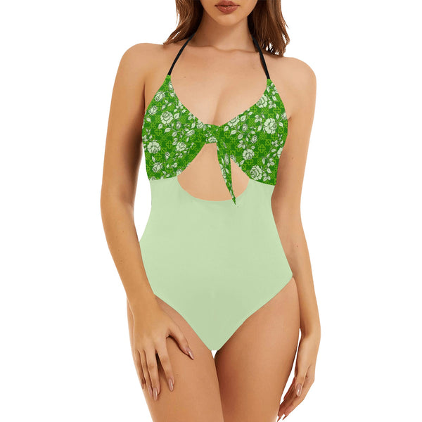 froggy green print Backless Hollow Out Bow Tie Swimsuit (Model S17) - Objet D'Art