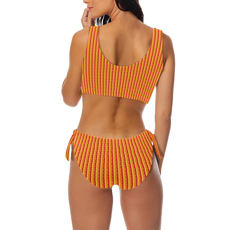 mandala striped red yellow orange Bow Tie Front Bikini Swimsuit (Model S38) - Objet D'Art