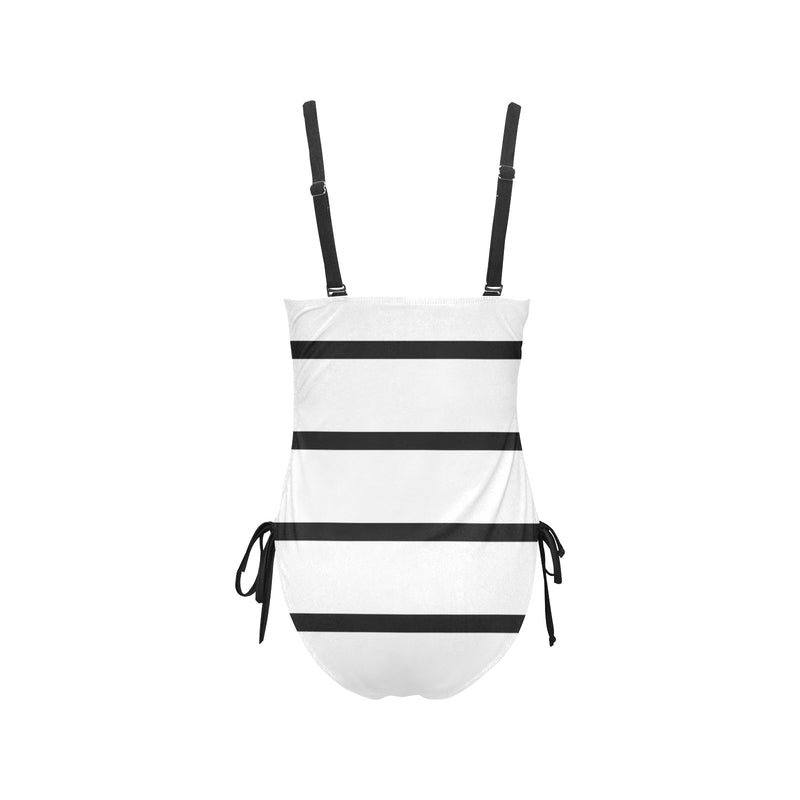 bw striped print 5 Drawstring Side One-Piece Swimsuit (Model S14) - Objet D'Art