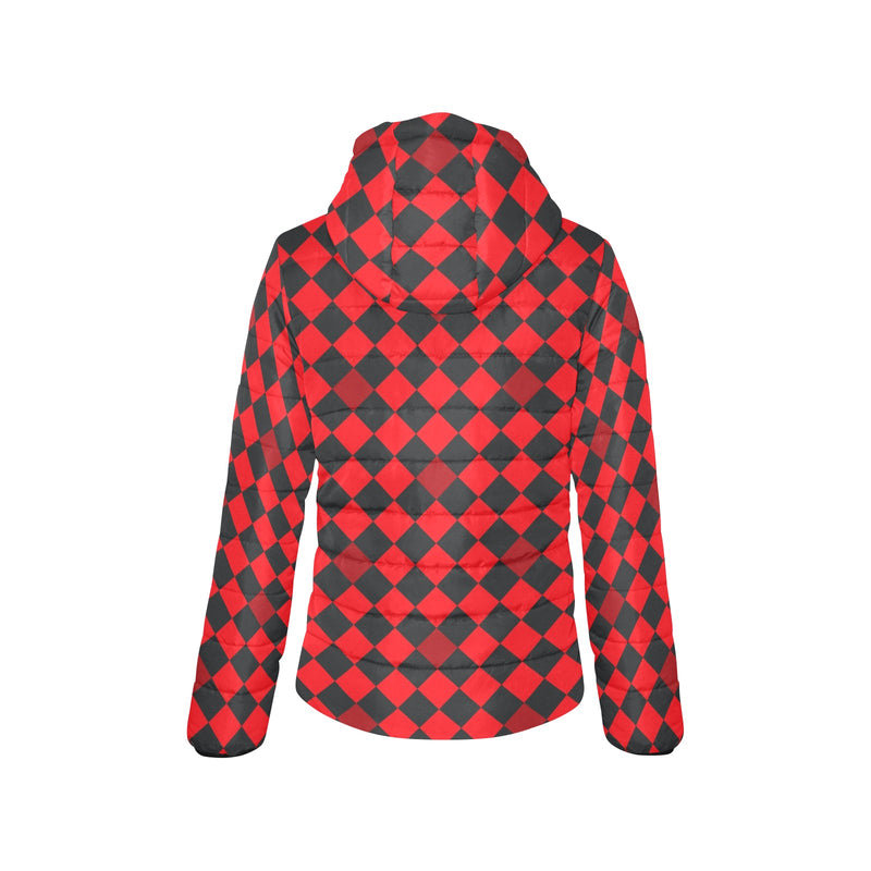 red black diamond print 2 Women's Padded Hooded Jacket (Model H46) - Objet D'Art