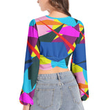 Confetti Explosion Women's Deep V-Neck Lantern Sleeve Crop Top - Objet D'Art