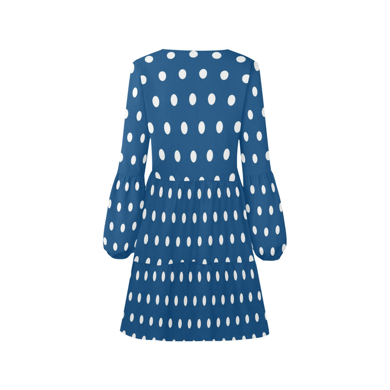 blue polka dot print 4 V-Neck Loose Fit Dress (Model D62) - Objet D'Art