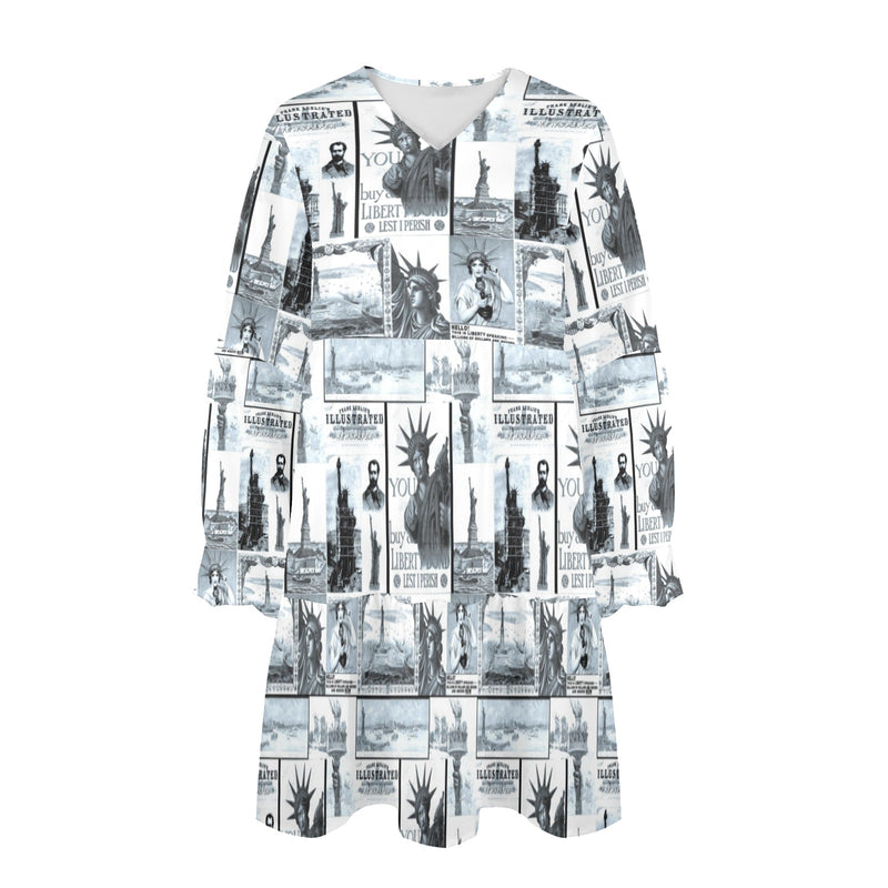 selenium lady liberty print 6 V-Neck Loose Fit Dress (Model D66) - Objet D'Art