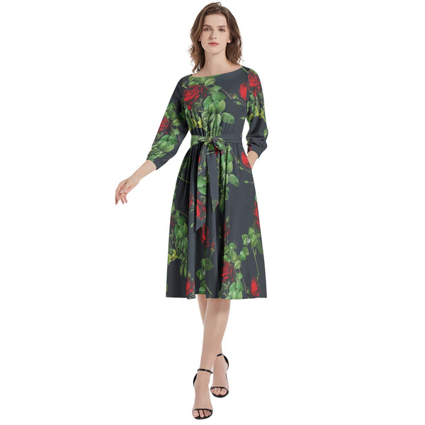 Boat Neck Belted Flared Dress - Objet D'Art