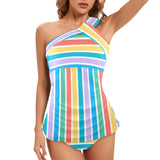 colorfully striped tropics Women's One Shoulder Backless Swimsuit (Model S44) - Objet D'Art