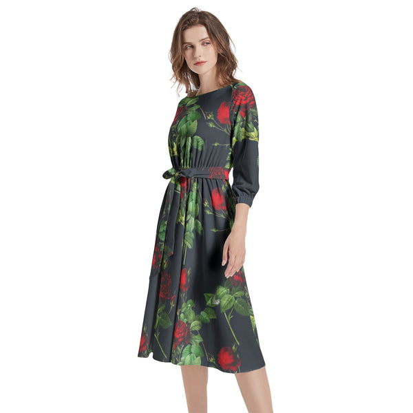 Boat Neck Belted Flared Dress - Objet D'Art