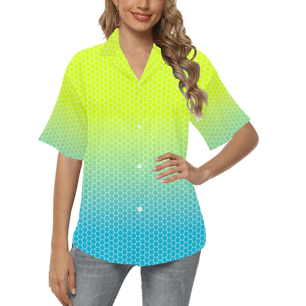 neon green hex print 5 All Over Print Hawaiian Shirt for Women (Model T58) - Objet D'Art