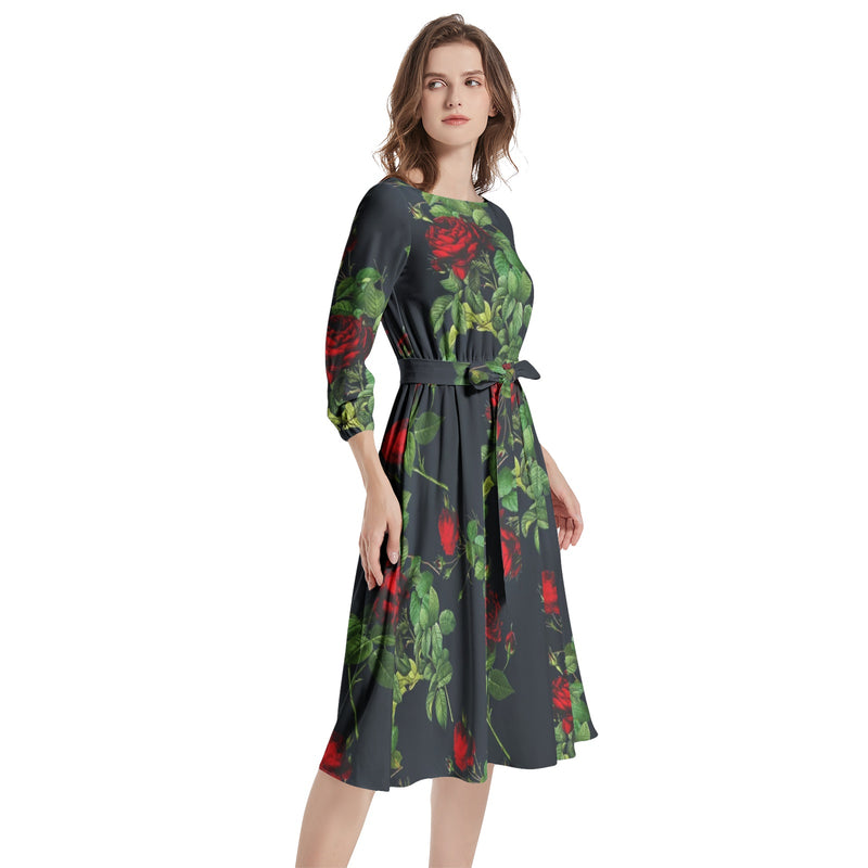 Boat Neck Belted Flared Dress - Objet D'Art