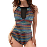 colored waves print 10 Women's High Neck Plunge Mesh Ruched Swimsuit (S43) - Objet D'Art
