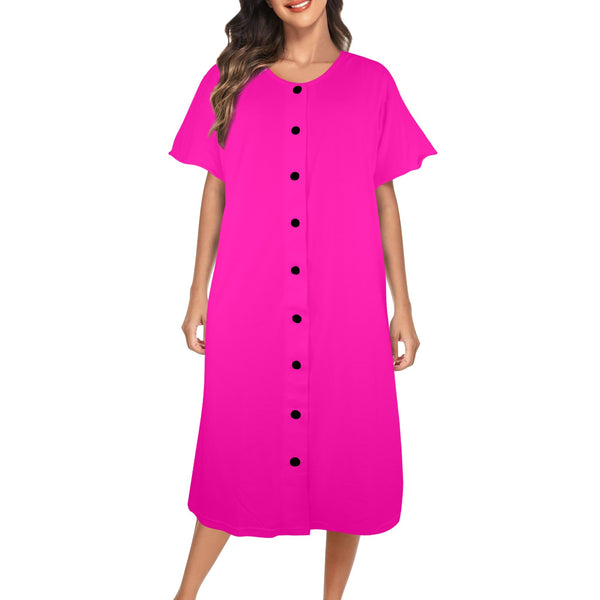 fuchsia solid print 6Q Women's Button Front House Dress - Objet D'Art