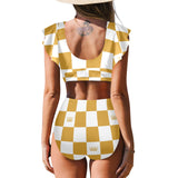 chess queen bronze print set print Women's Ruffle Sleeve Bikini Swimsuit (Model S42) - Objet D'Art